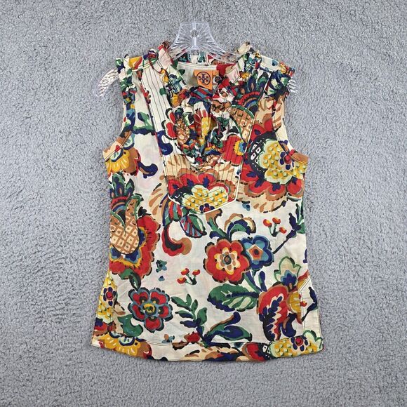 TORY BURCH FLORAL COLORFUL RUFFLE SLEEVELESS TOP SHIRT BLOUSE SIZE 0 - Picture 1 of 11